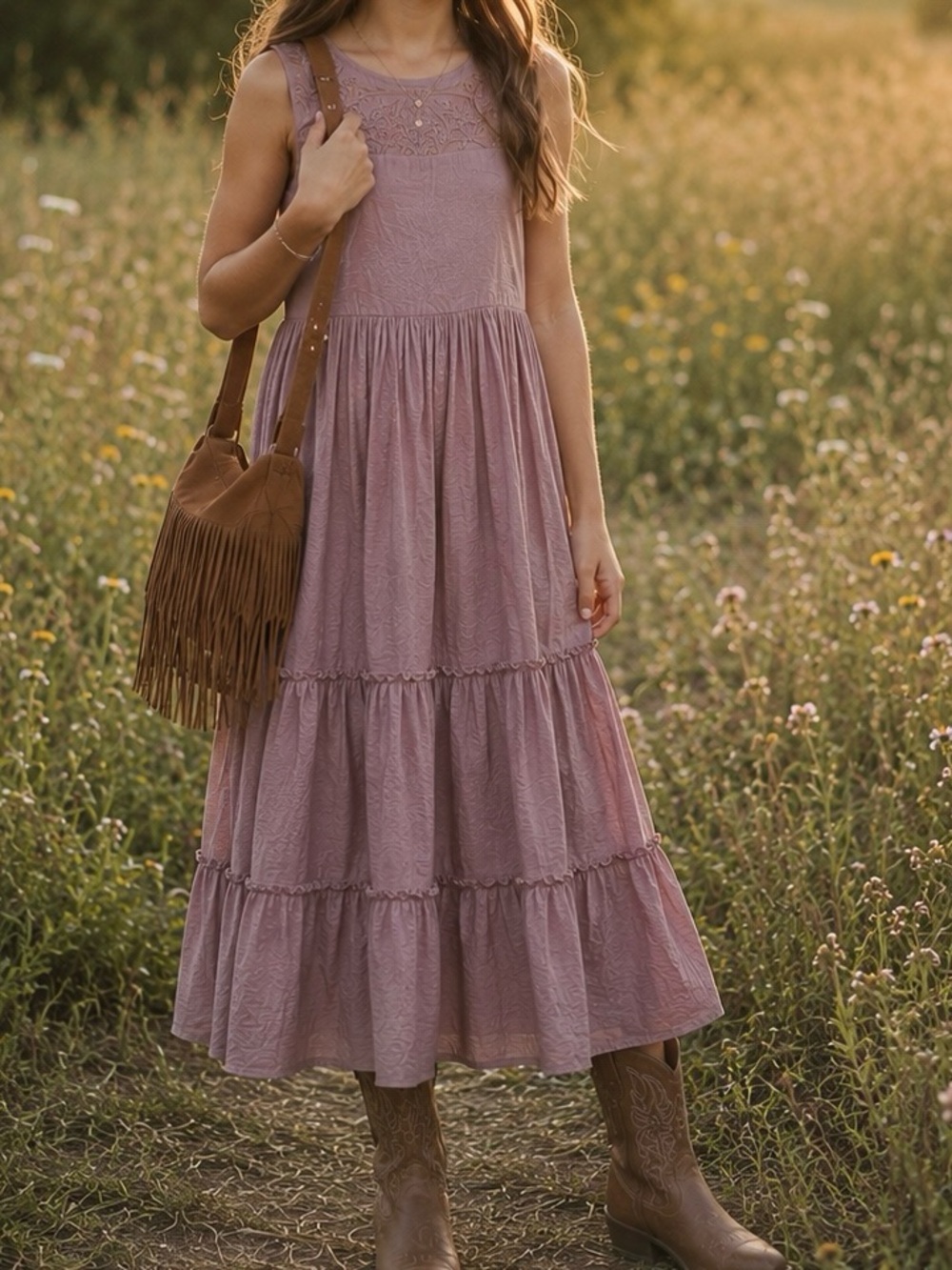 Mia Joy Joyfolie Dusty Rose Lace Boho Western Midi Dress Big Girls Size 10